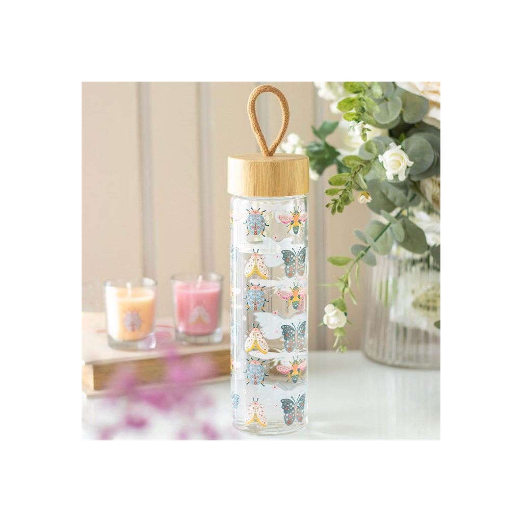 Floral Bug Print Glass Water Bottle