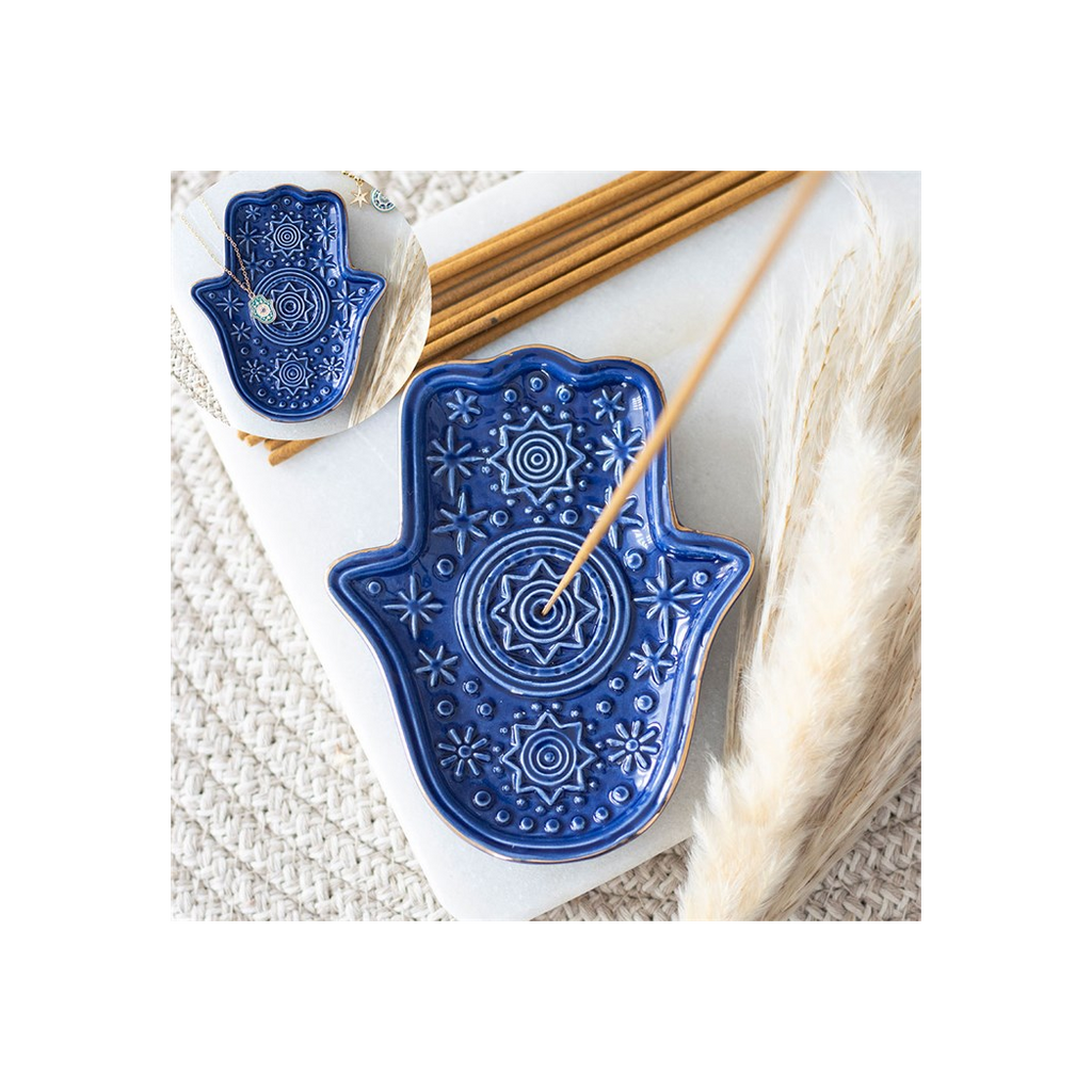 Dark Blue Hand of Hamsa Incense Holder and Trinket Dish
