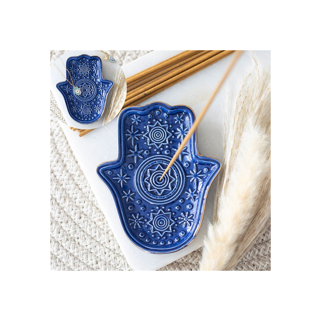 Dark Blue Hand of Hamsa Incense Holder and Trinket Dish