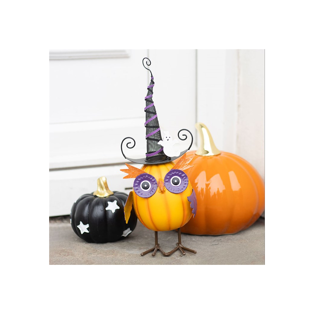 Orange Metal Owl Ornament with Witch Hat and Ghost