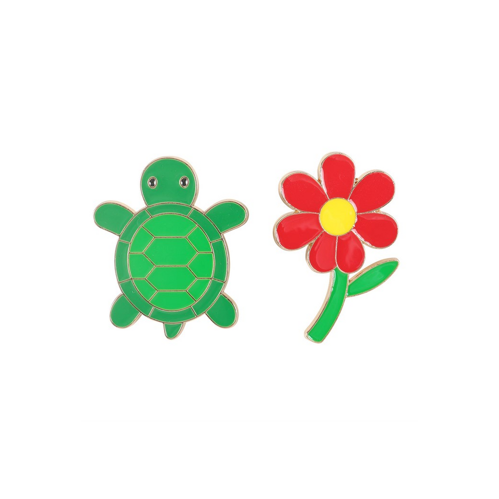 Set of 2 Turtle and Flower Pin Badges