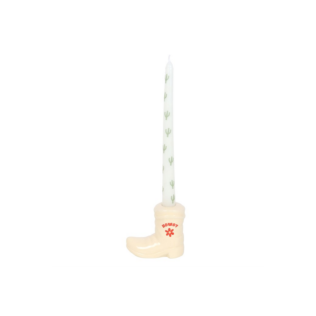 White Cowboy Boot Candle Holder with Taper Candle