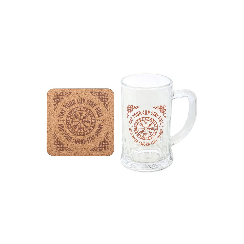 Viking Compass Glass Beer Tankard with Coaster