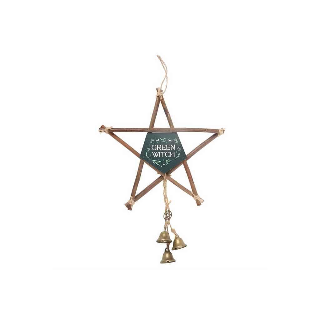 Green Witch Hanging Willow Pentagram with Bells