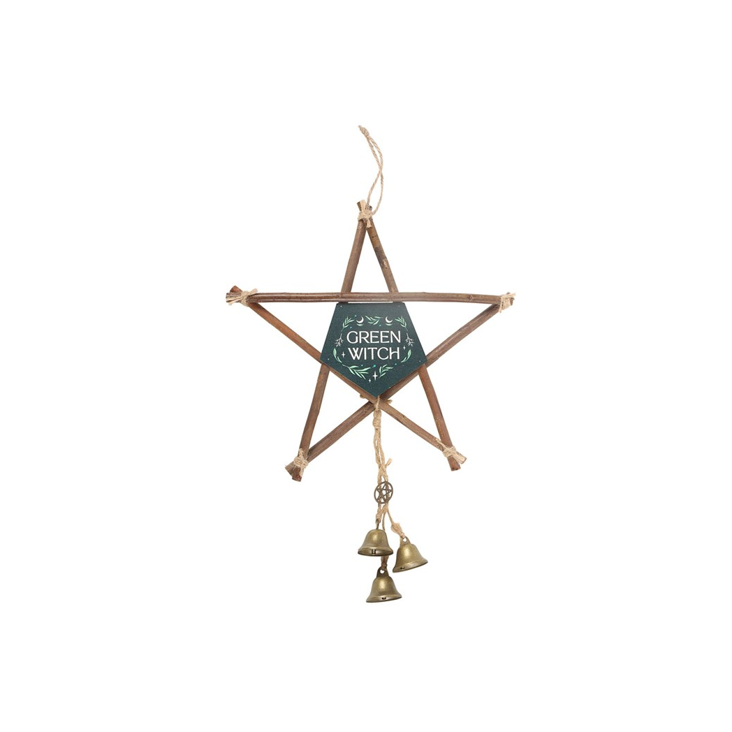 Green Witch Hanging Willow Pentagram with Bells
