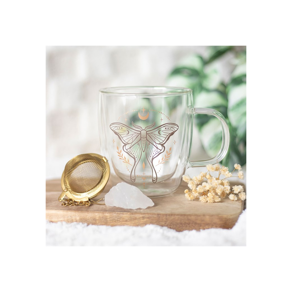 Luna Moth Double Walled Glass Mug with Crystal Tea Infuser