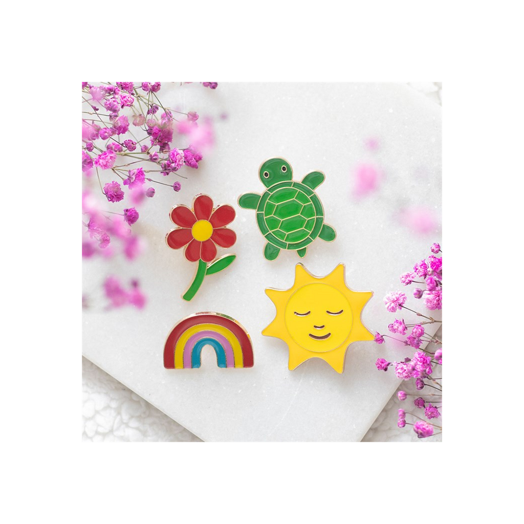 Set of 2 Turtle and Flower Pin Badges
