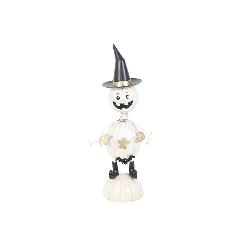 White Metal Pumpkin Man Ornament with Witch Hat