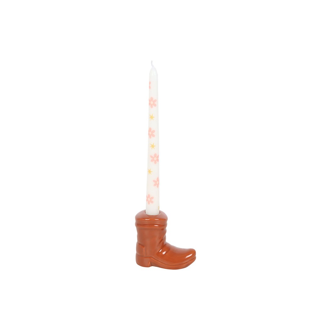 Brown Cowboy Boot Candle Holder with Taper Candle