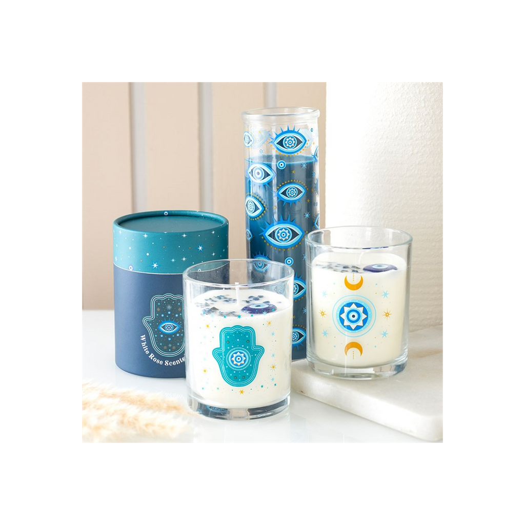 Hand of Hamsa White Rose Candle with Crystals