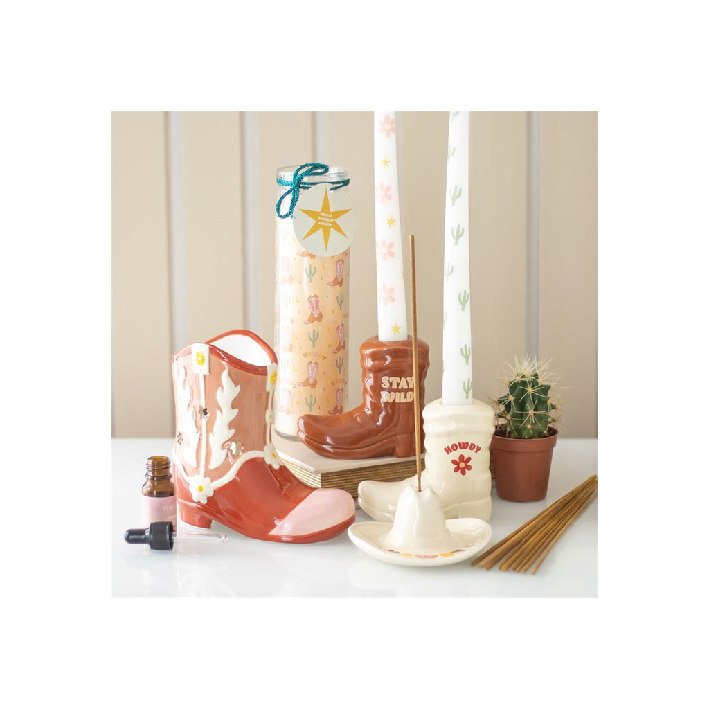 Howdy Cowboy Boot Print Floral Tube Candle