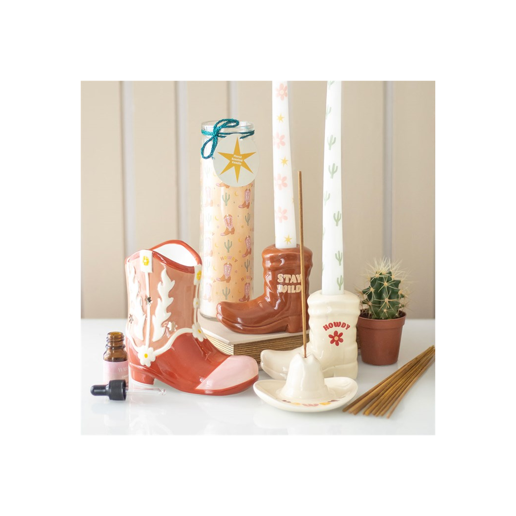 Howdy Cowboy Boot Print Floral Tube Candle