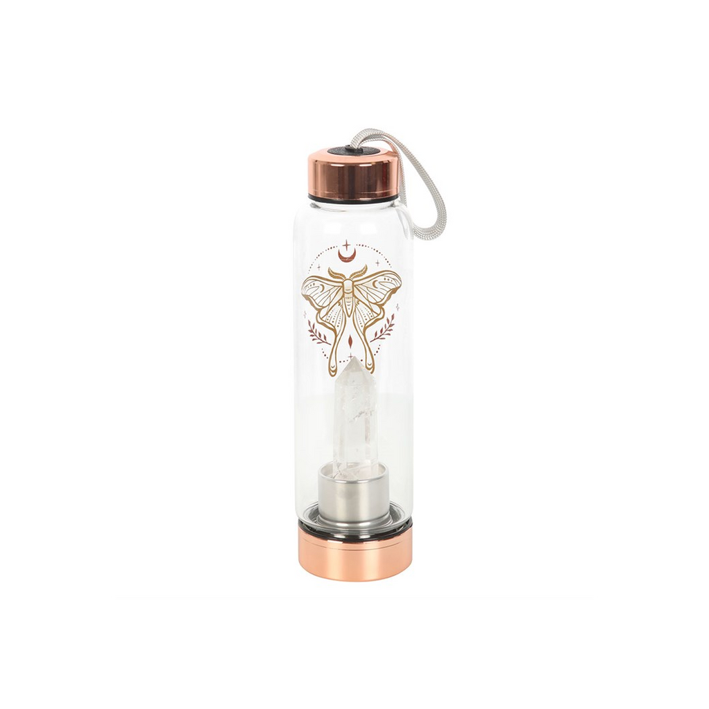 Luna Moth Glass Water Bottle with Clear Quartz Crystal
