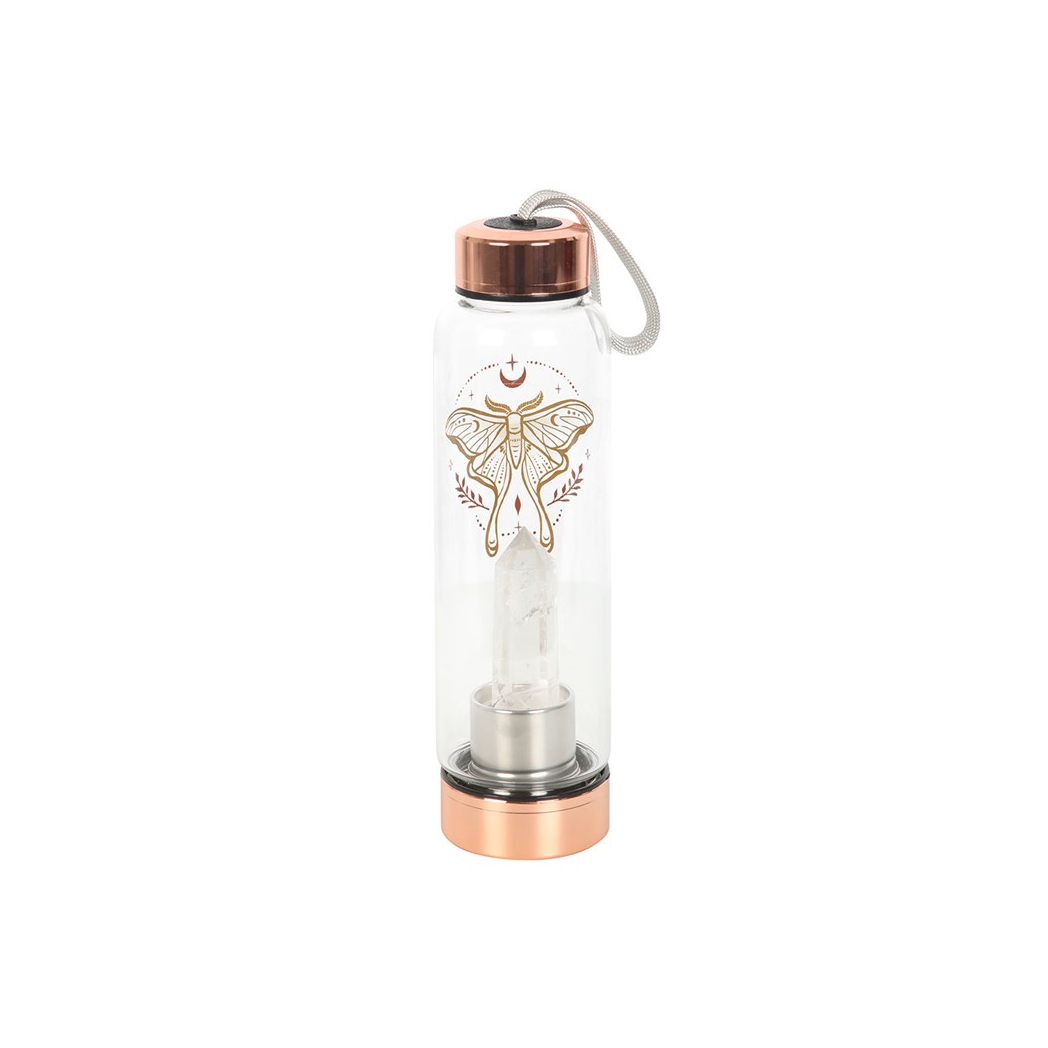 Luna Moth Glass Water Bottle with Clear Quartz Crystal