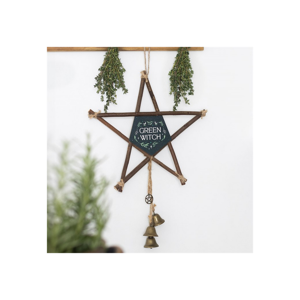 Green Witch Hanging Willow Pentagram with Bells