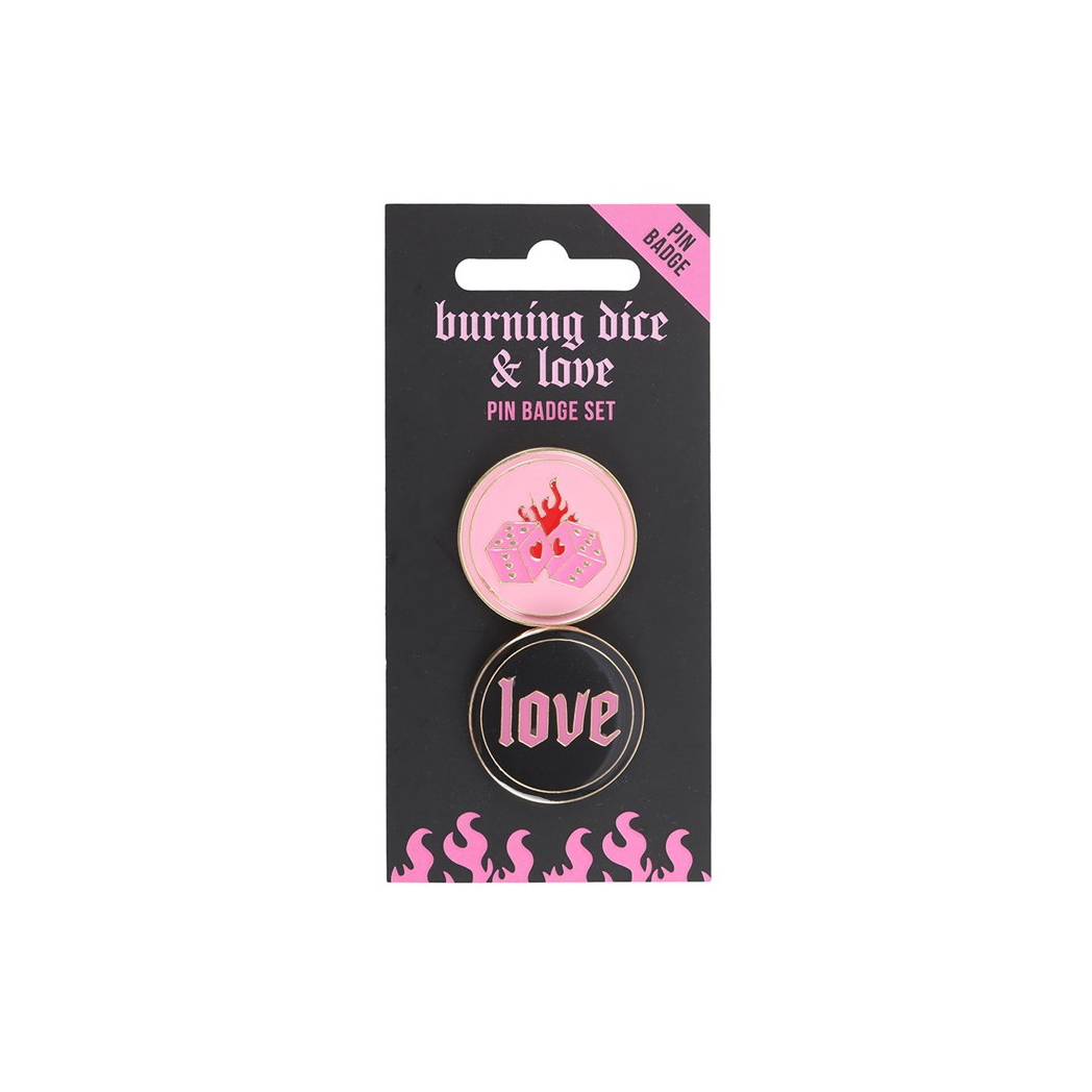 Flaming Dice and Love Pin Badge Set