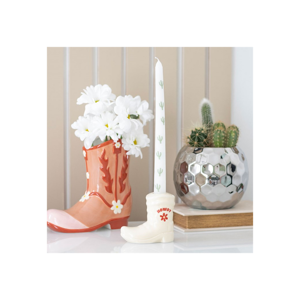 White Cowboy Boot Candle Holder with Taper Candle