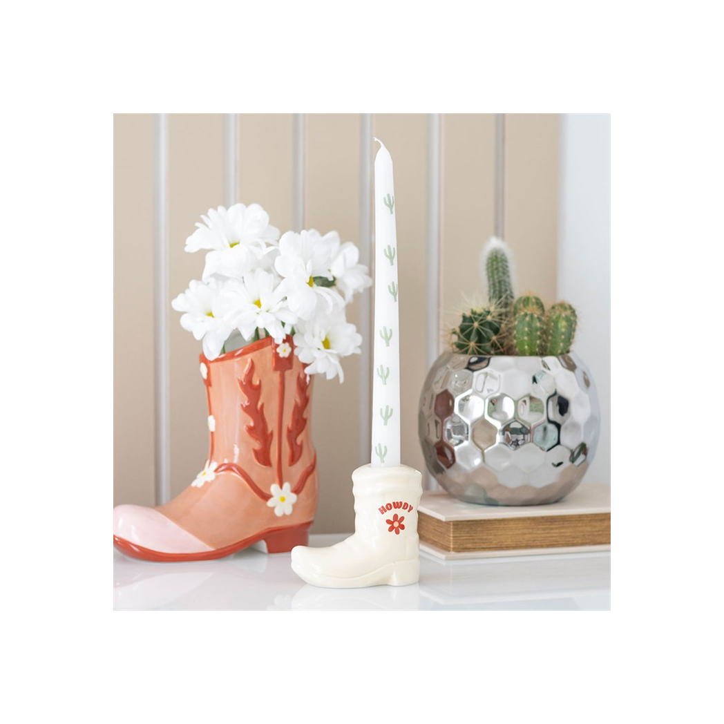 White Cowboy Boot Candle Holder with Taper Candle