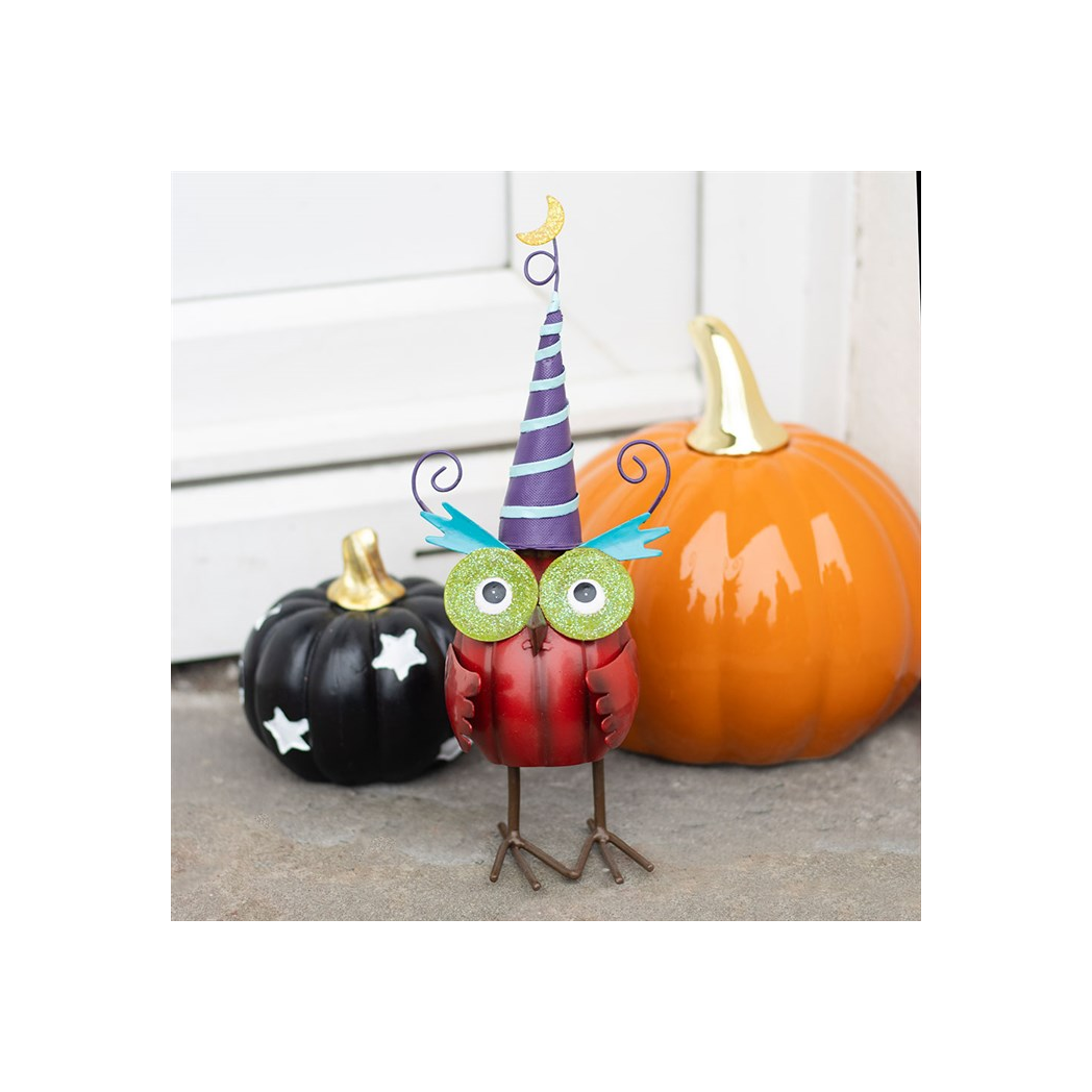 Red Metal Owl Ornament with Witch Hat