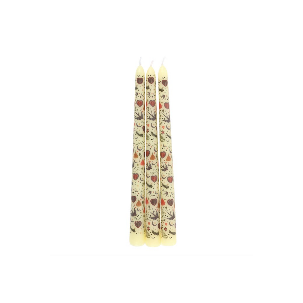 Set of 3 Cream Midnight Bloom Print Taper Candles