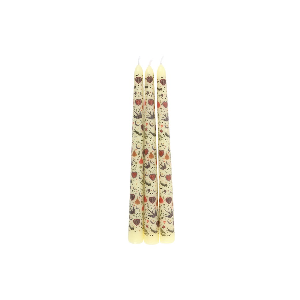 Set of 3 Cream Midnight Bloom Print Taper Candles