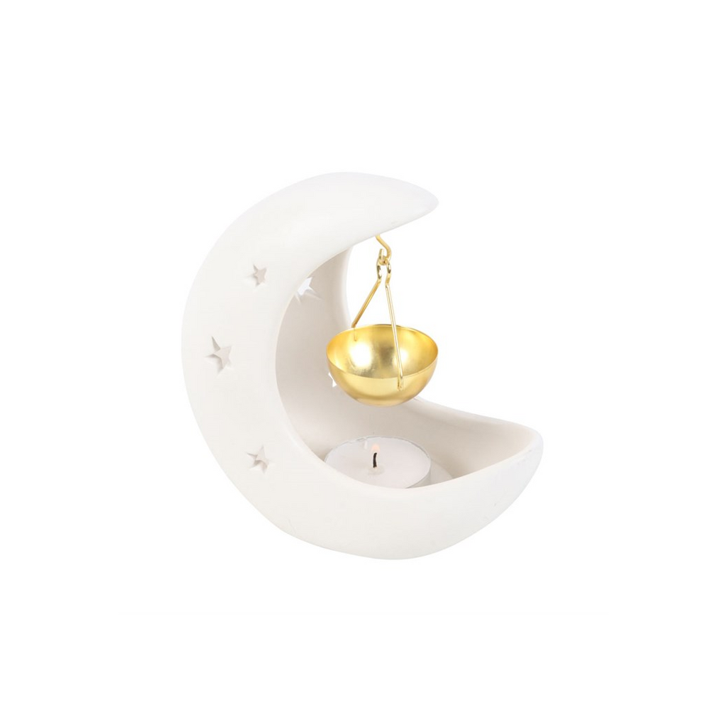 White Crescent Moon Oil Burner with Gold Dish