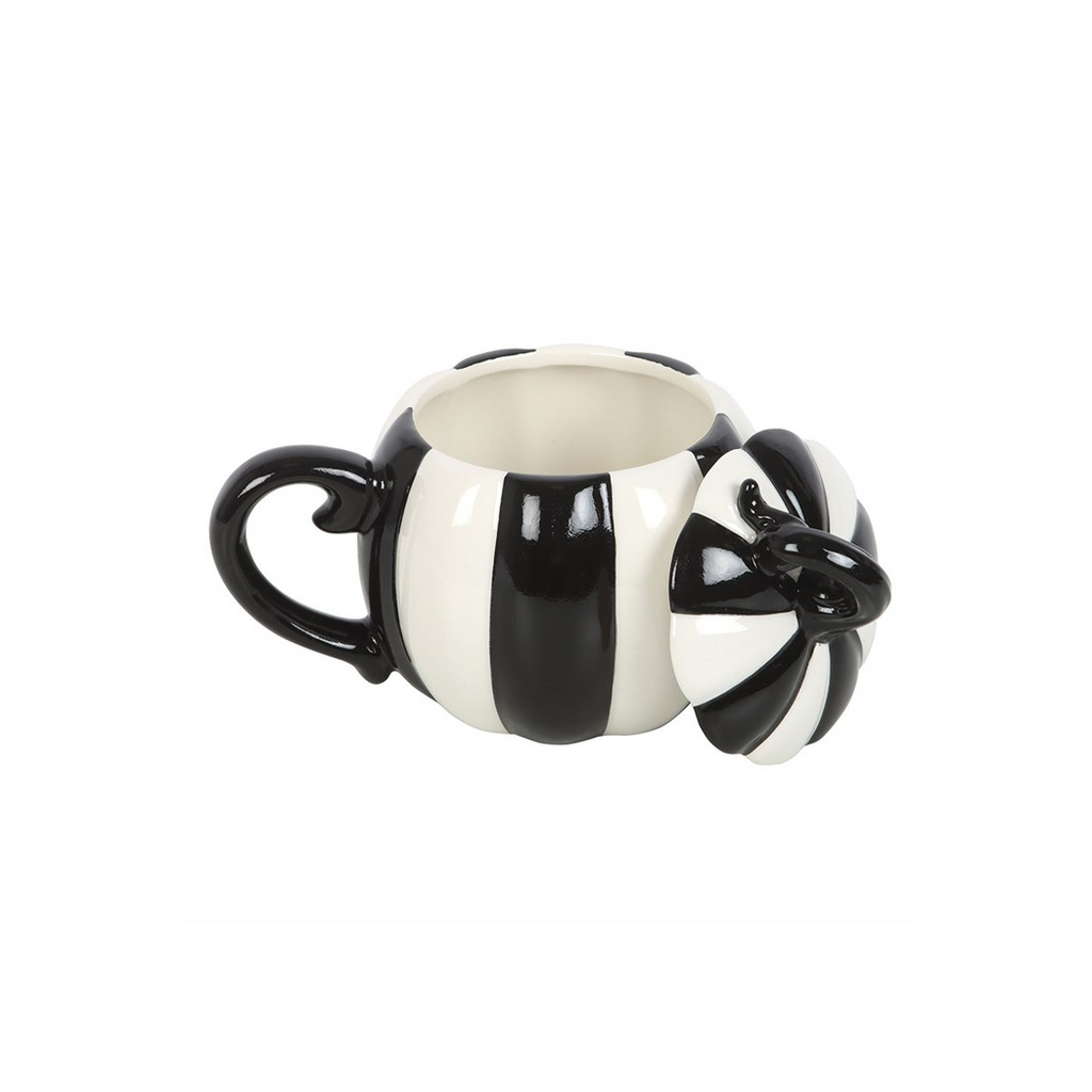Black and White Striped Pumpkin Lidded Mug