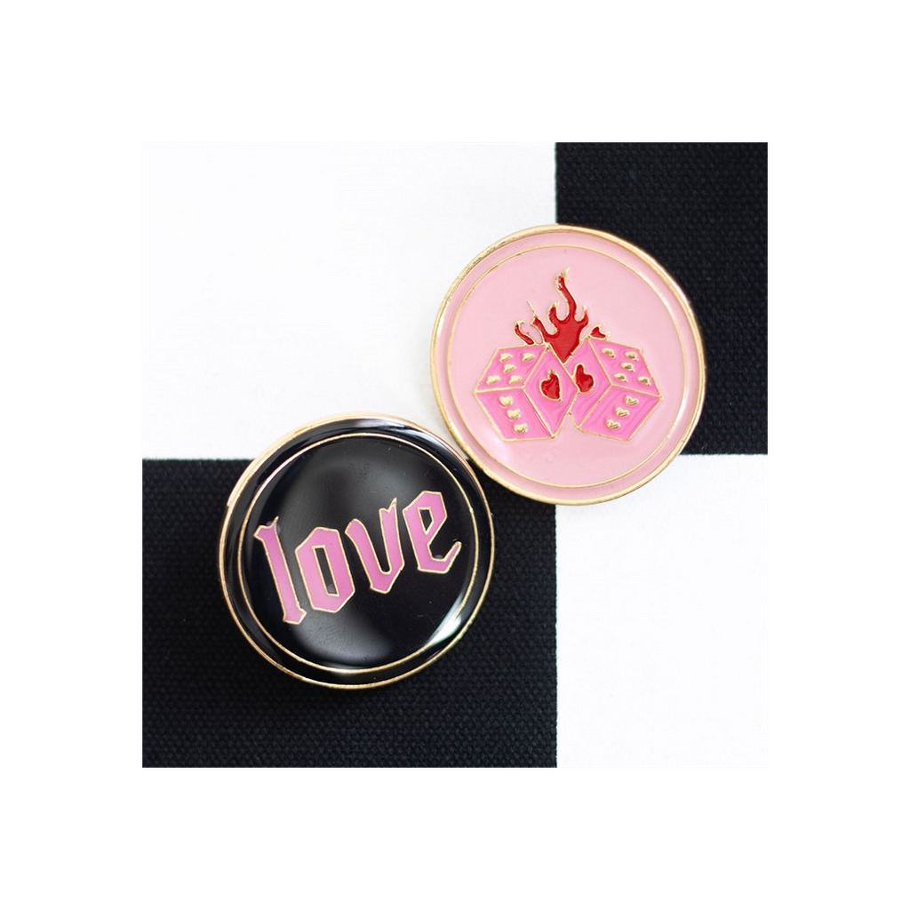 Flaming Dice and Love Pin Badge Set