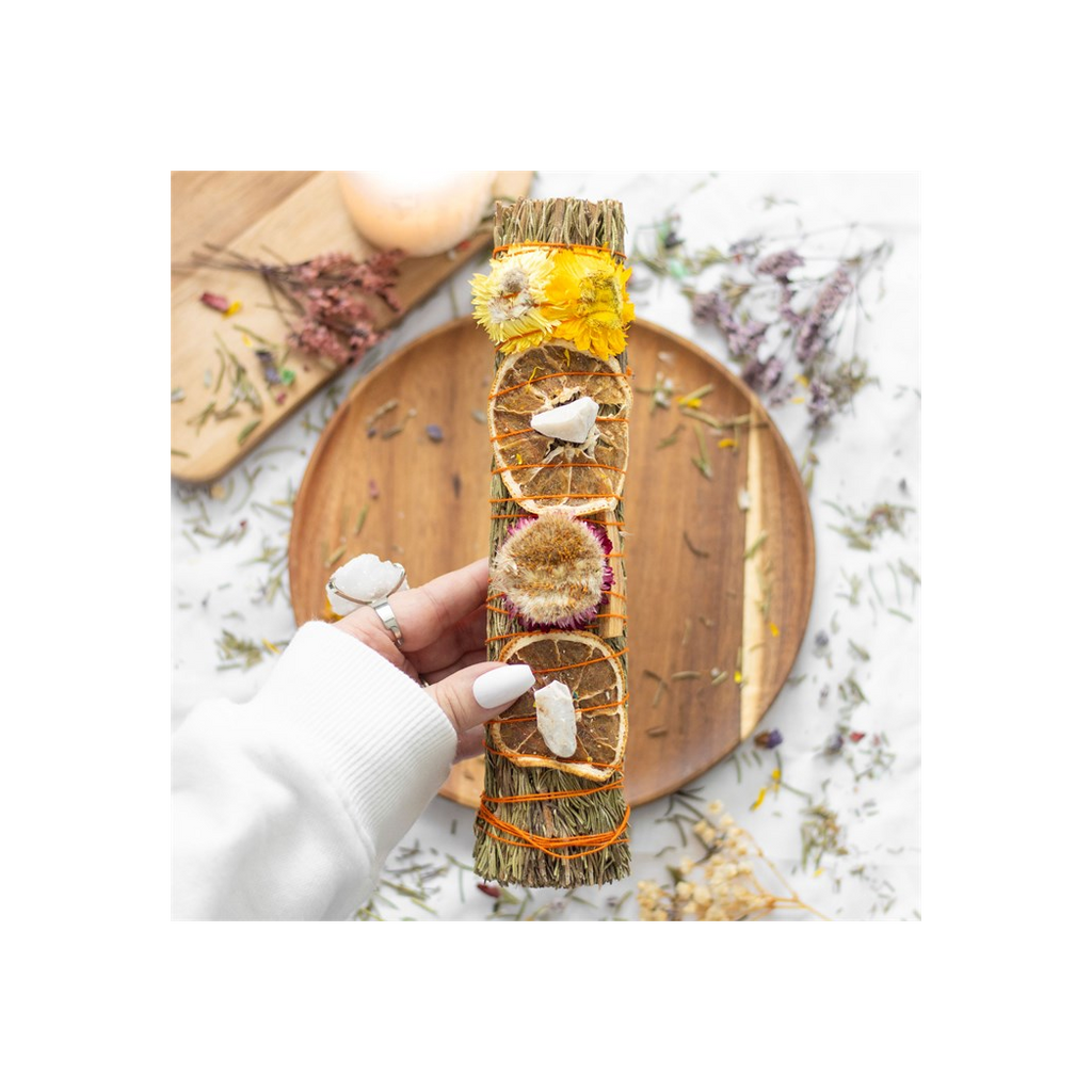 9in Ritual Wand Smudge Stick with Rosemary, Palo Santo and Quartz
