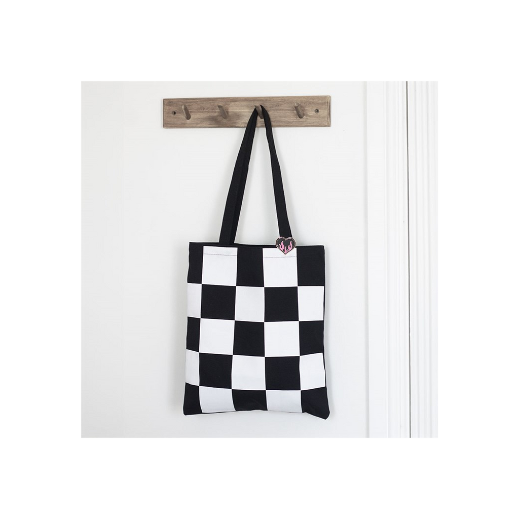 Checkerboard Print Polycotton Tote Bag with Enamel Heart Pin Badge
