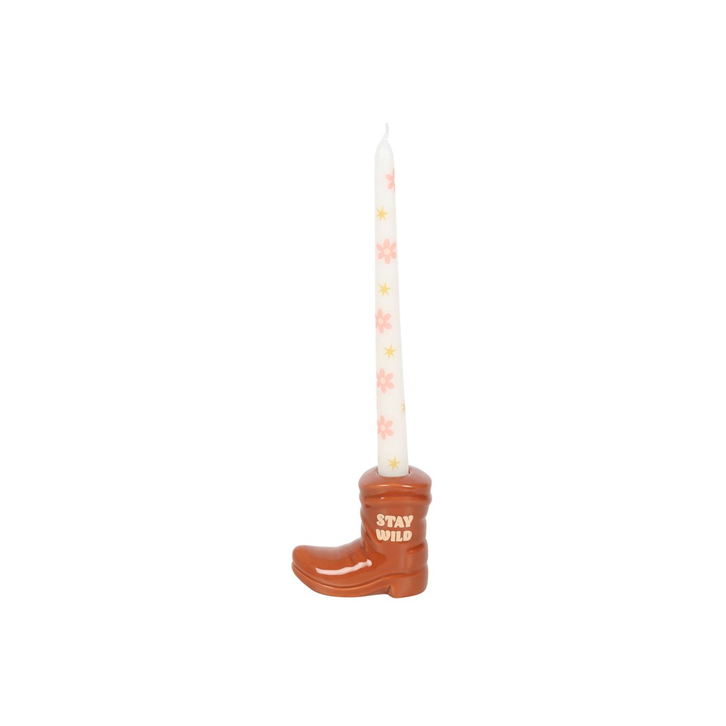 Brown Cowboy Boot Candle Holder with Taper Candle