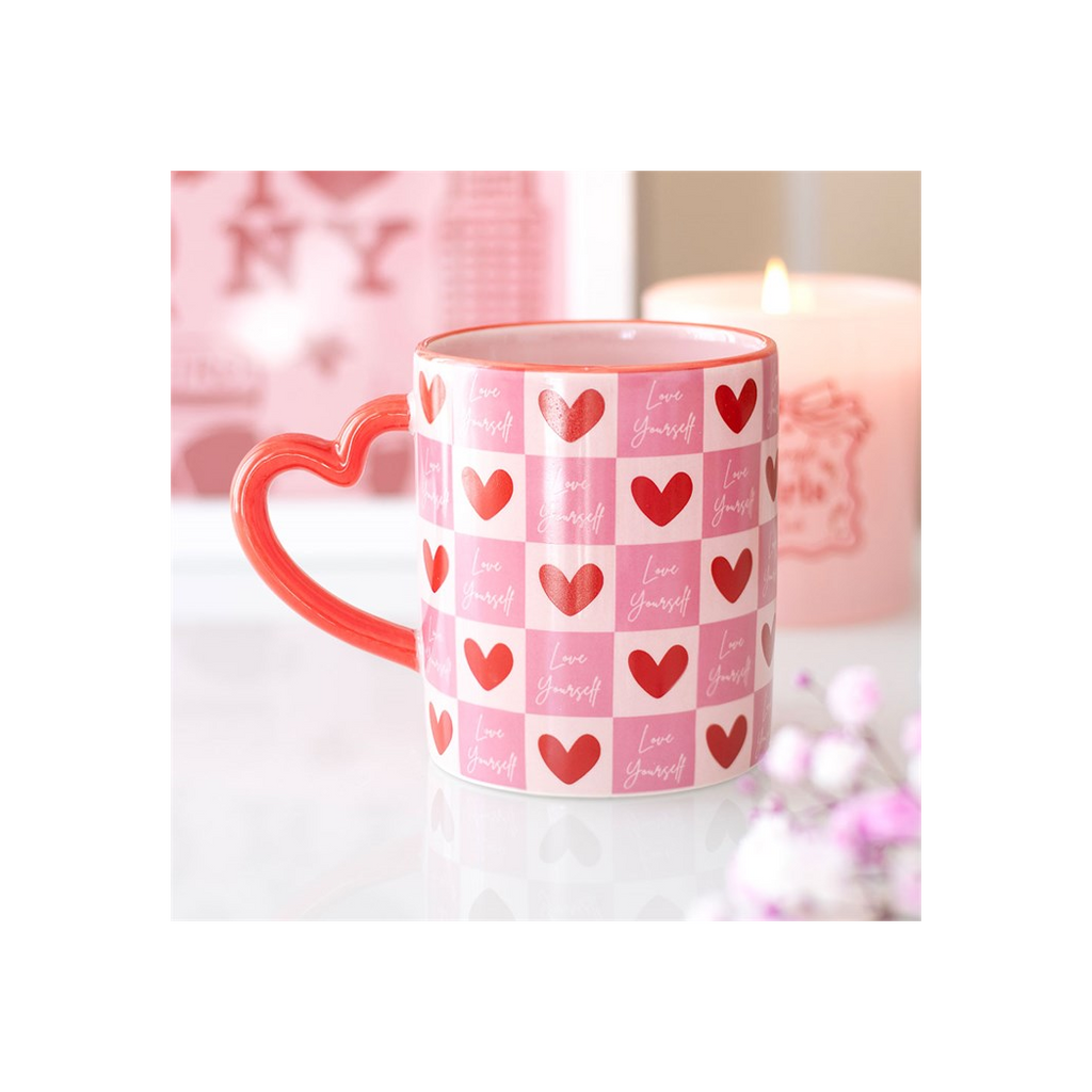 Love Yourself Checkered Mug with Heart Handle