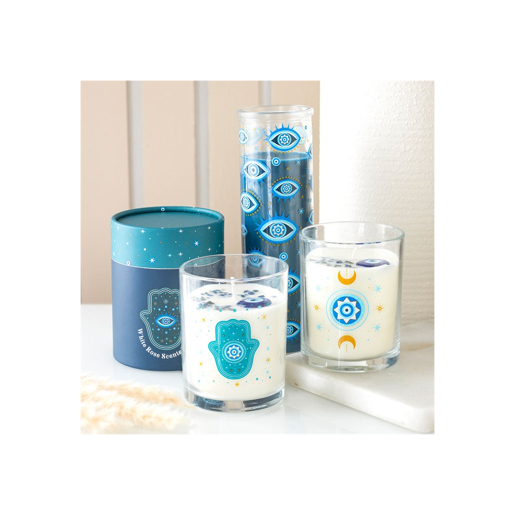 Under Watchful Eyes White Rose Candle with Crystals