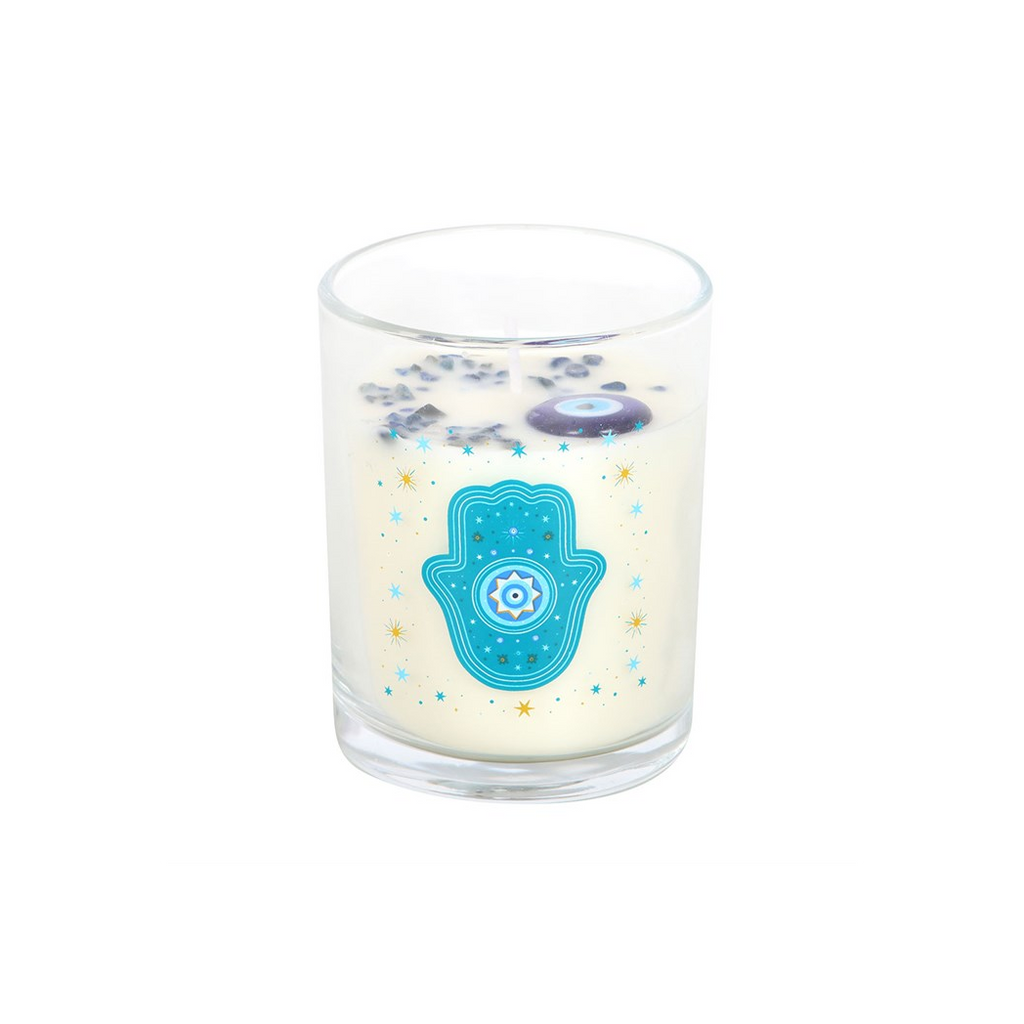 Hand of Hamsa White Rose Candle with Crystals