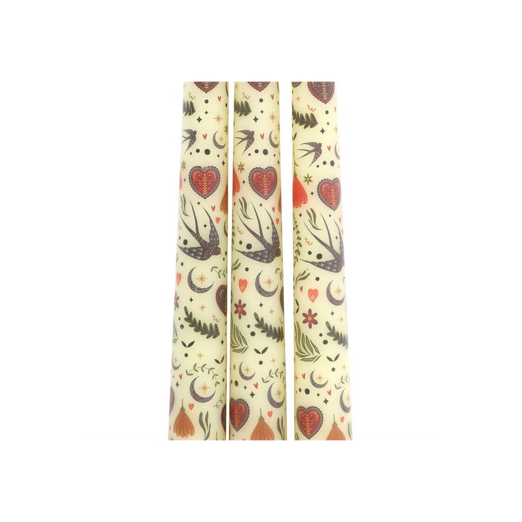 Set of 3 Cream Midnight Bloom Print Taper Candles