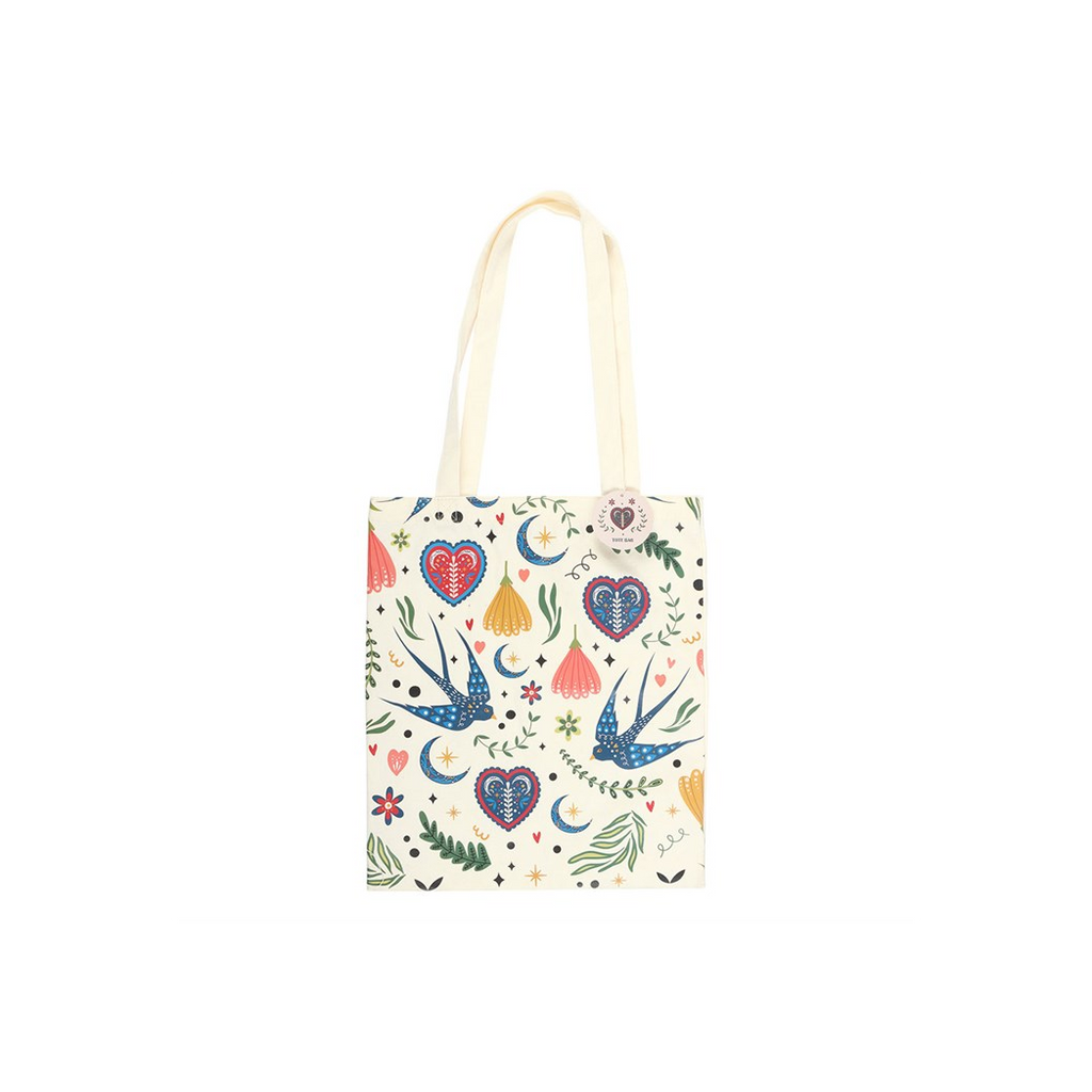 Cream Folk Print Polycotton Tote Bag