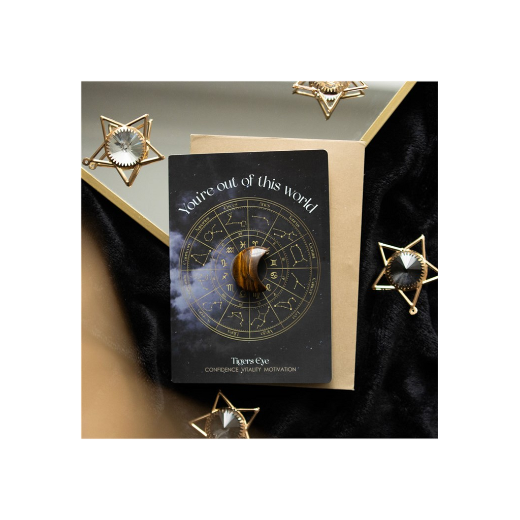 Out Of This World Tiger's Eye Crystal Moon Greeting Card