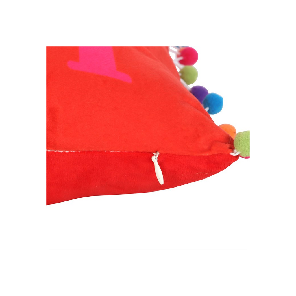 Red Holly Jolly Cushion with Pom Poms