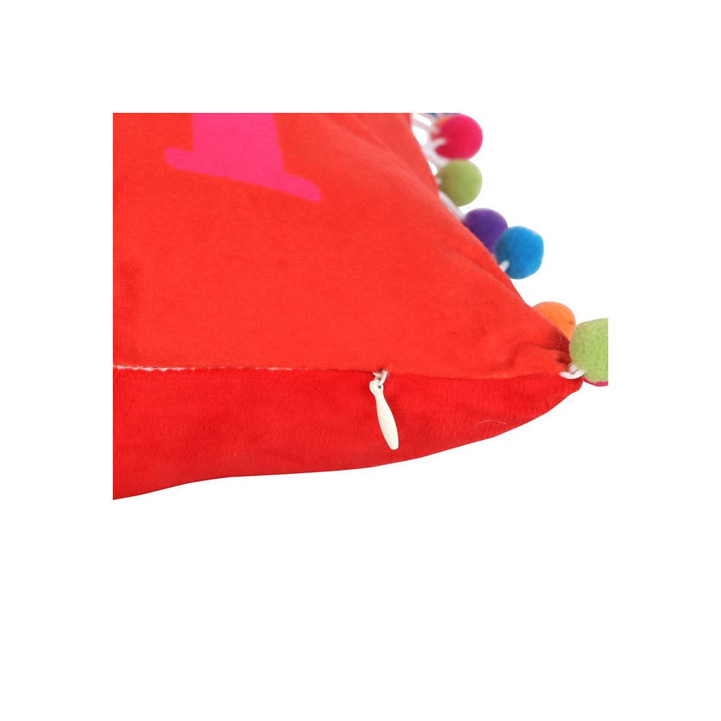 Red Holly Jolly Cushion with Pom Poms
