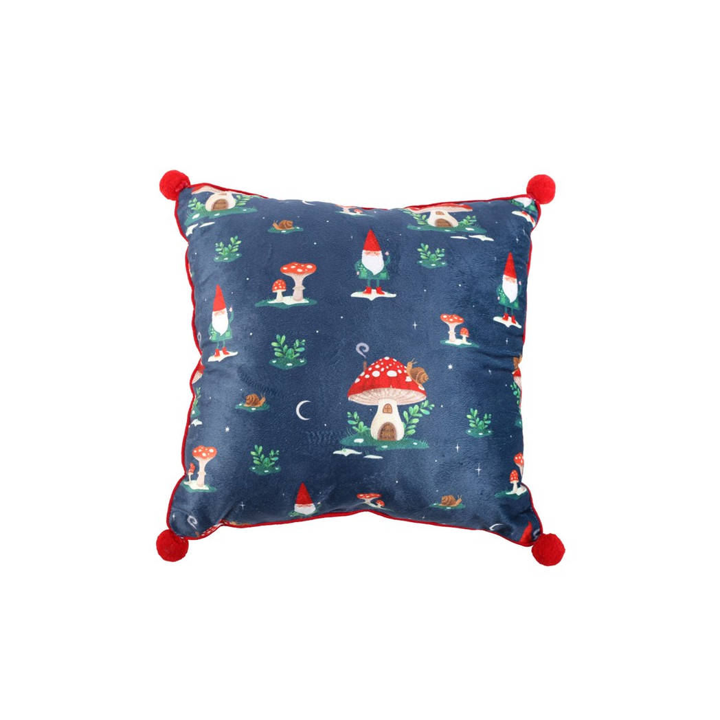 35cm Square Gnome Print Cushion with Pom Poms
