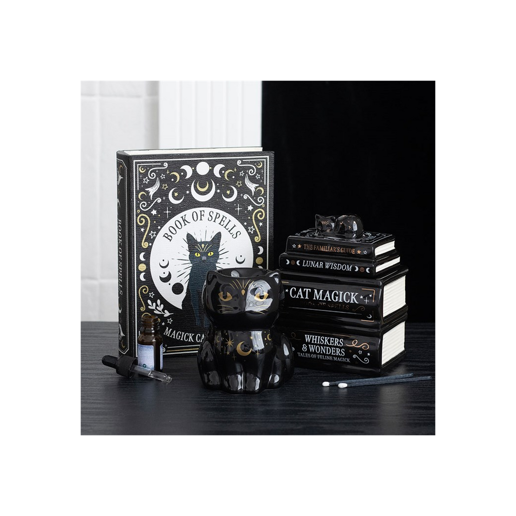 Black Cat Book Stack Oil Burner with Cat