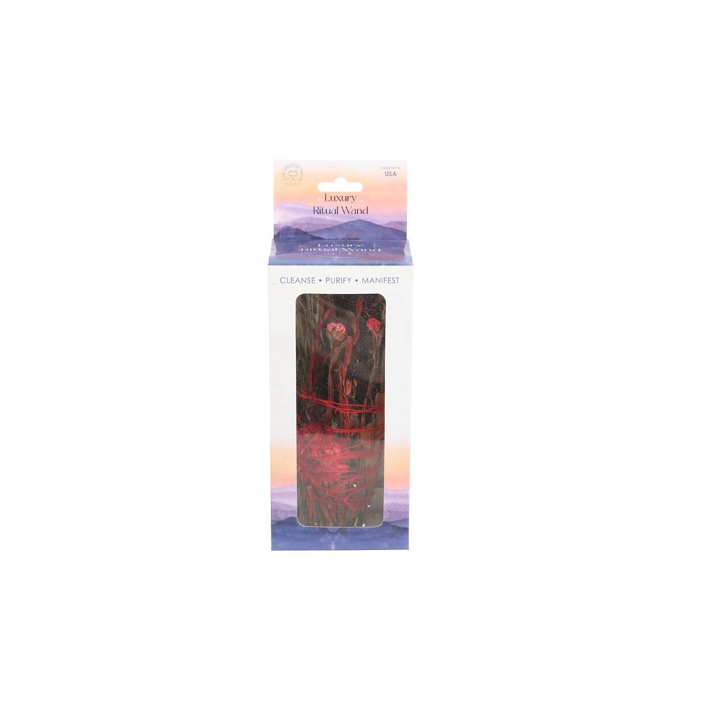 6in Ritual Wand Smudge Stick with Rosemary and Red Flowers