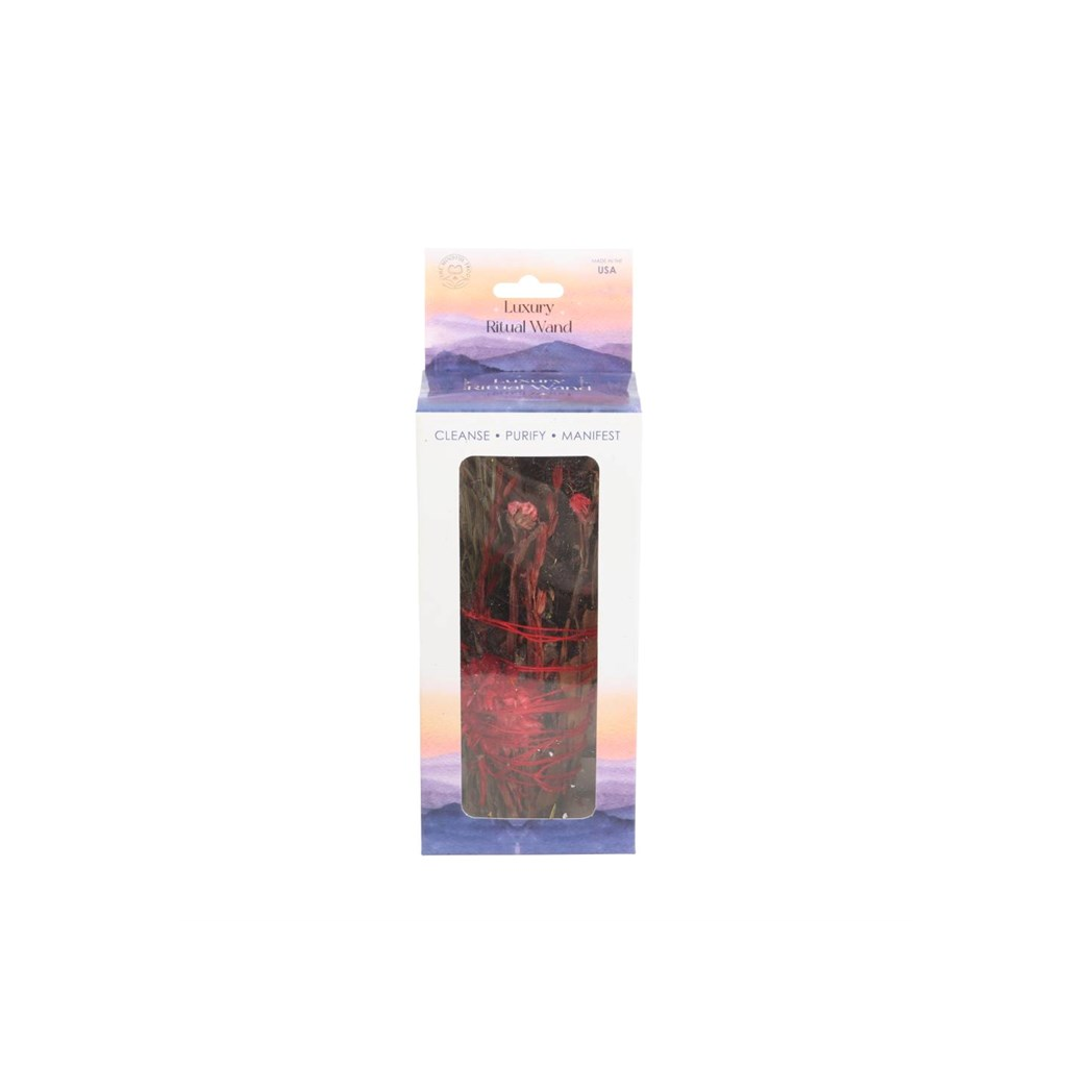 6in Ritual Wand Smudge Stick with Rosemary and Red Flowers