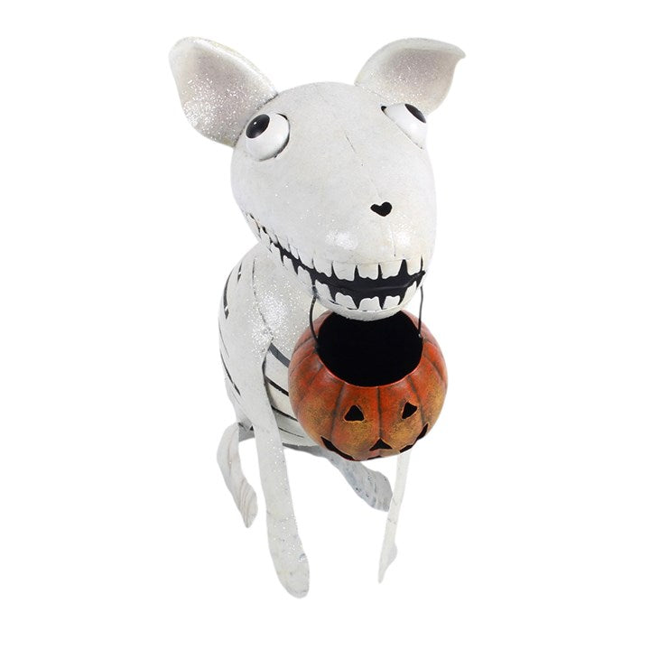 Metal Skeleton Dog Ornament with Pumpkin