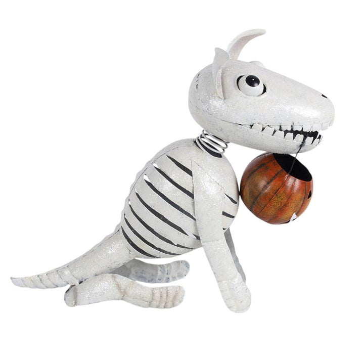 Metal Skeleton Dog Ornament with Pumpkin