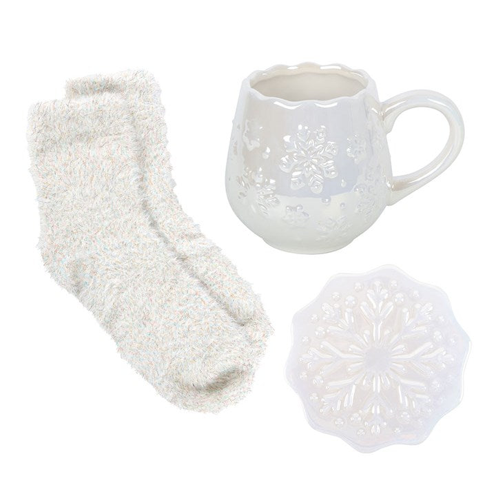 Iridescent Snowflake Mug, Coaster and Socks Set