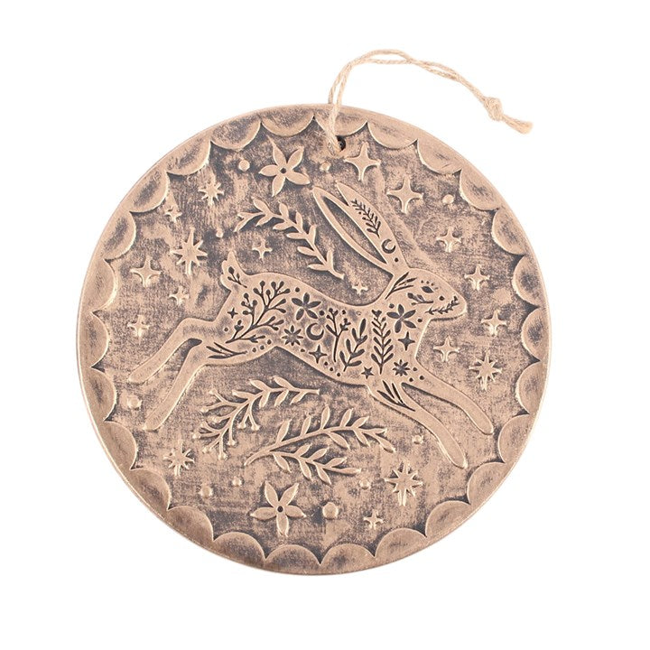 Bronze Effect Leaping Hare Terracotta Hanging Plaque
