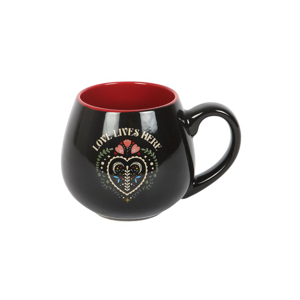 Love Lives Here Folk Heart Rounded Mug