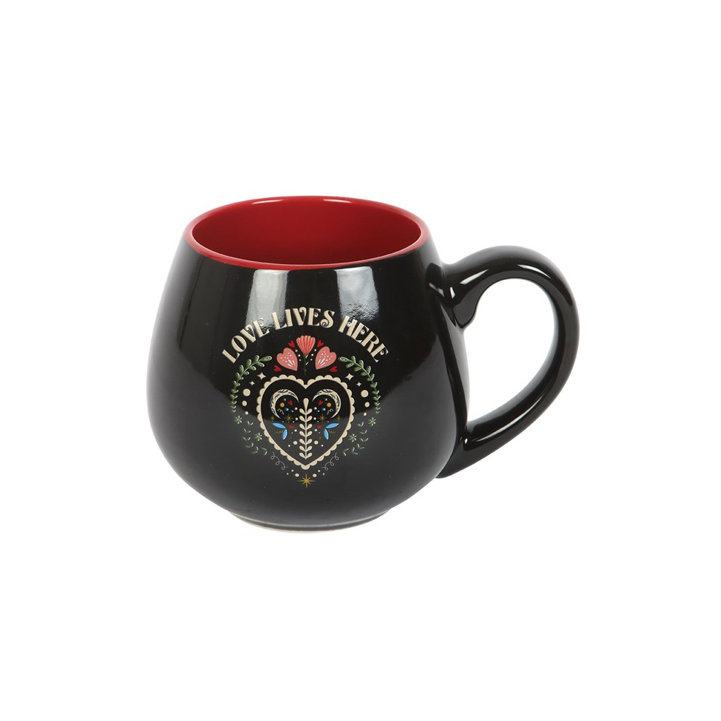 Love Lives Here Folk Heart Rounded Mug