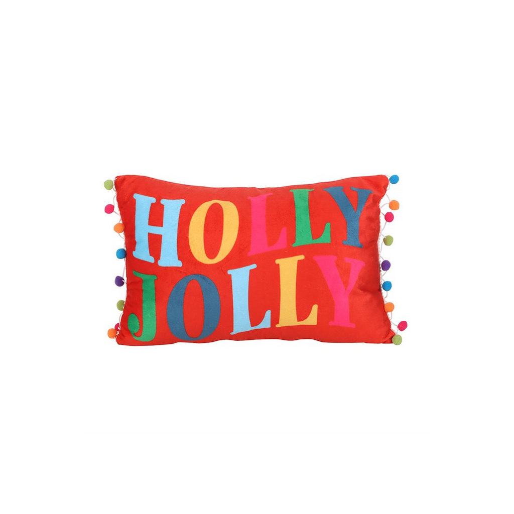 Red Holly Jolly Cushion with Pom Poms